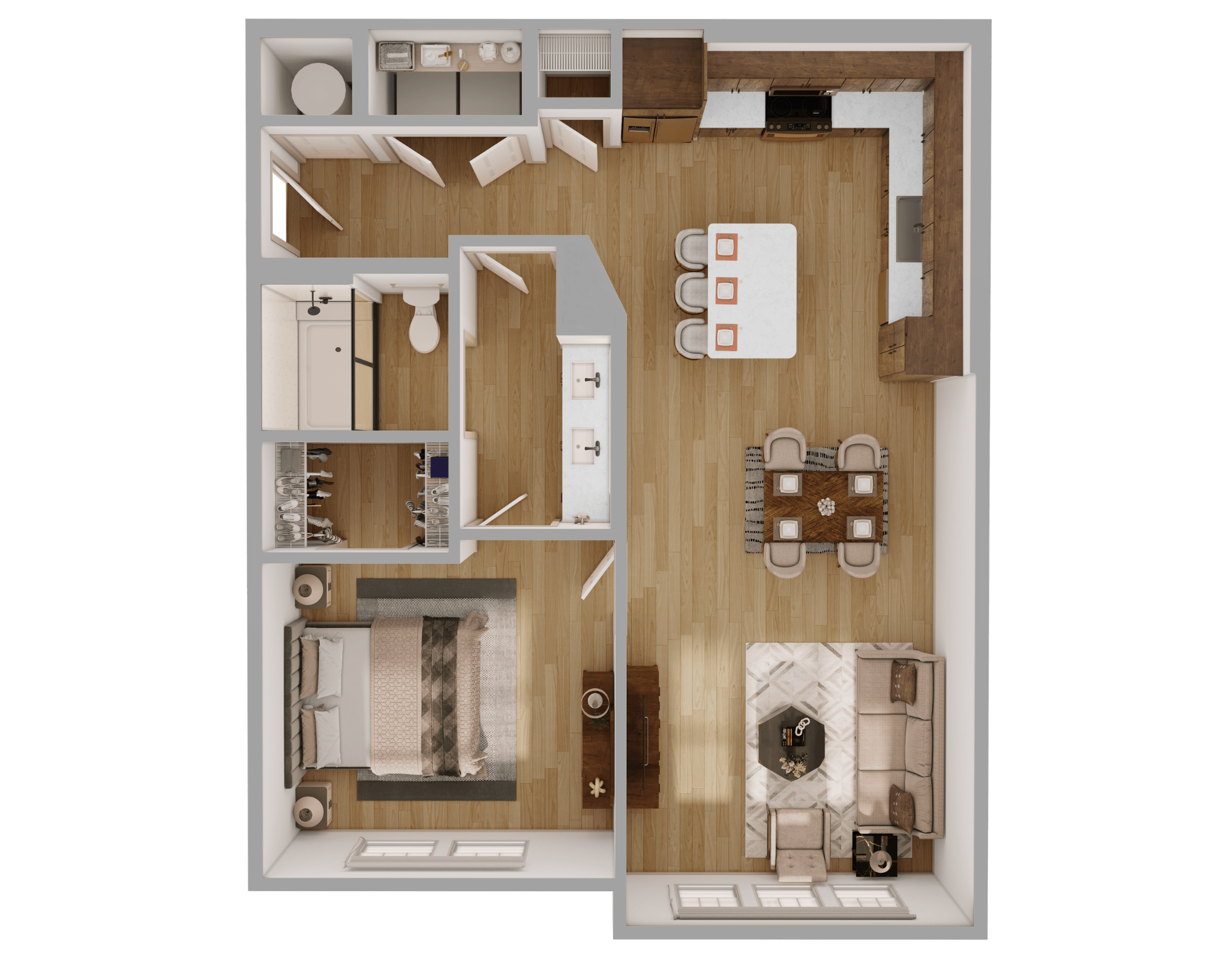 A detailed 3D floor plan of a small apartment with a kitchen, living room, and bathroom